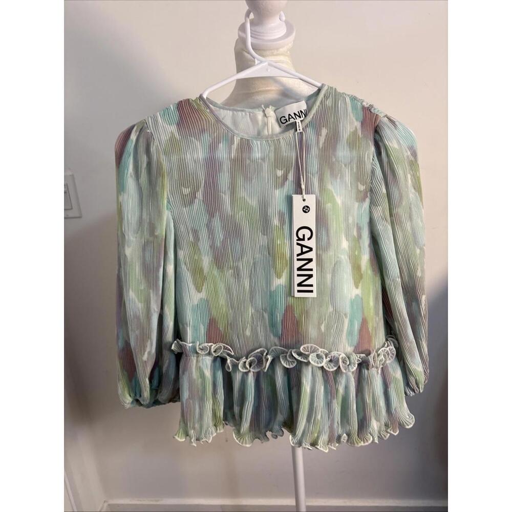 Ganni Pastel Watercolor Pleated Blouse in Mint, Lavender, Pale Blue